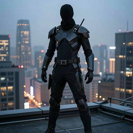 Silhouetted figure in futuristic armor with shoulder pads and gun, standing on rooftop at dusk, cityscape with lit buildings in background. Photographic