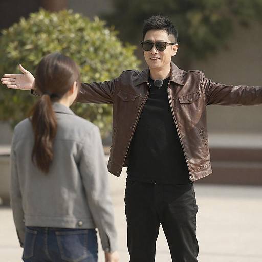 Photograph of a man with short black hair, wearing dark sunglasses, brown leather jacket, black shirt, and pants, gesturing with arms outst