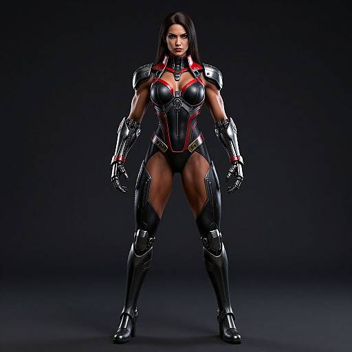 Photograph of a muscular woman in a black, red, and silver futuristic armored suit, standing confidently against a dark background.