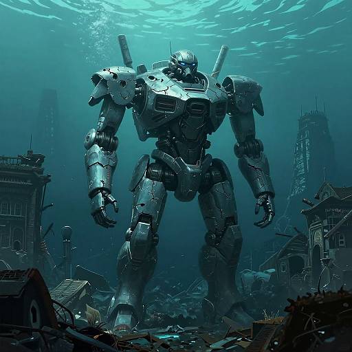 Digital artwork of a towering, metallic robot standing in a sunken, ruined underwater city, with buildings and debris surrounding it.