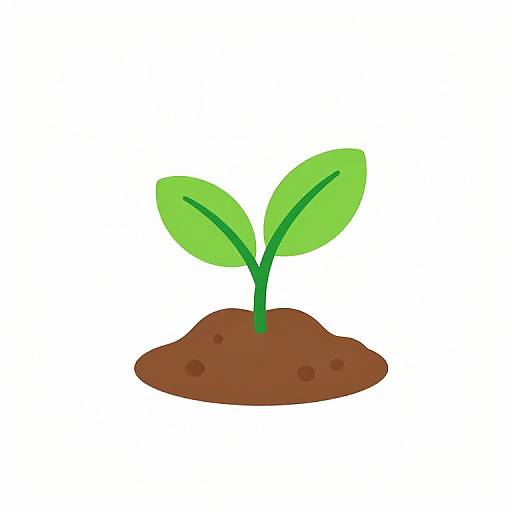 Digital illustration of a small green plant with two leaves emerging from a round patch of brown soil on a white background.