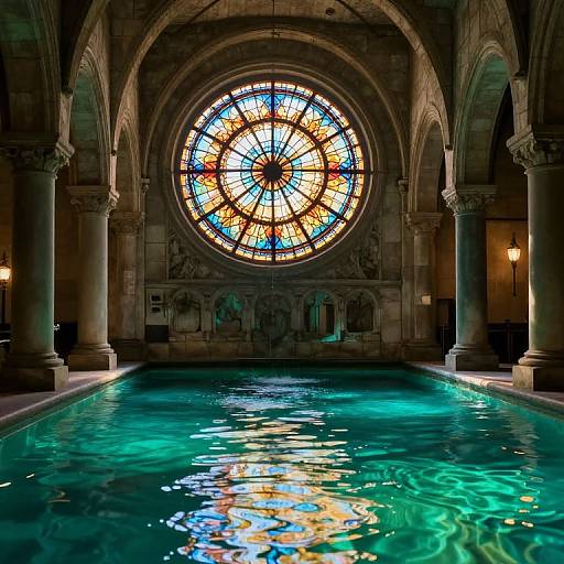 Luminous Emerald Pool Beneath Stained-Glass Clock