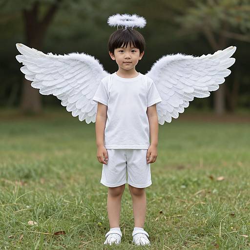 Photograph of an Asian toddler with black hair, wearing a white outfit, angel wings, halo, and white shoes, standing on grass.