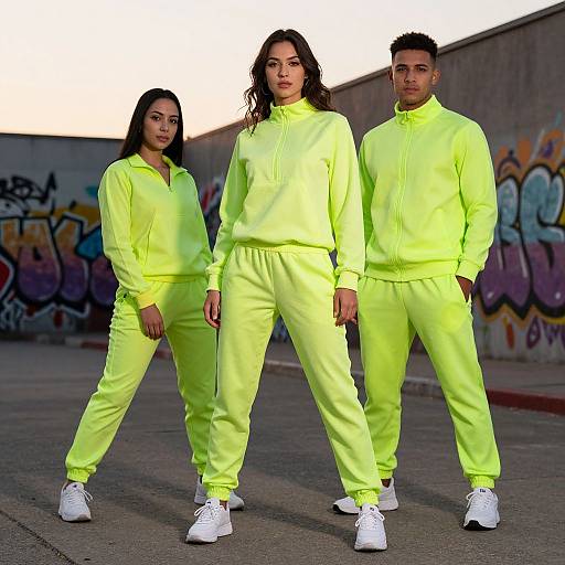 Photograph of three people in neon yellow track suits, white sneakers, standing in a graffiti-tagged urban alley at sunset.