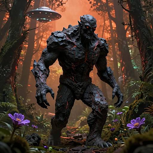 Digital CGI image of a dark, rocky, monstrous creature standing in a dense, glowing forest with purple flowers and UFOs.