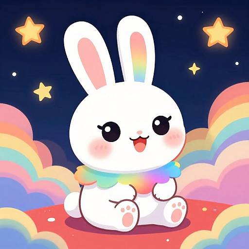 Cute white bunny with black eyes, pink ears, and rainbow scarf, sitting on red ground, surrounded by colorful clouds and stars. Digital illustration.