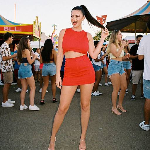 Photograph of a smiling woman with long black hair in a red crop top and mini skirt, standing outdoors at a lively festival, surrounded by people in