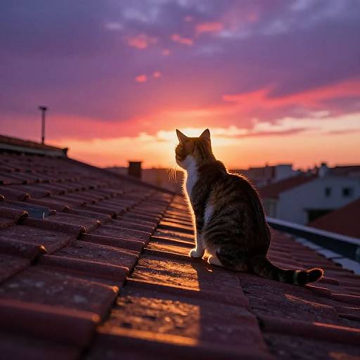 Photograph of a tabby cat sitting on a rooftop, silhouetted against a vibrant sunset with pink, orange, and purple skies.