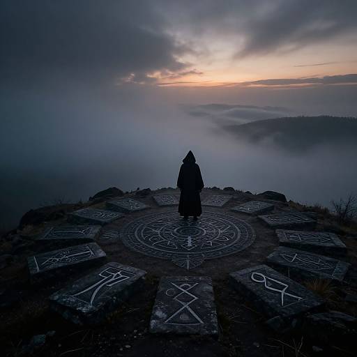 Photograph of a cloaked figure standing on a misty, ancient stone circle at dawn, with runes etched on stones and a cloudy sky above