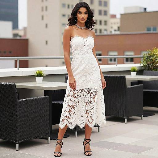 Woman in White Lace Dress on Rooftop Terrace