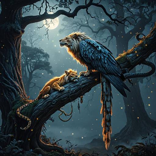 Fantasy Griffin on Ancient Oak Tree Branch at Dusk