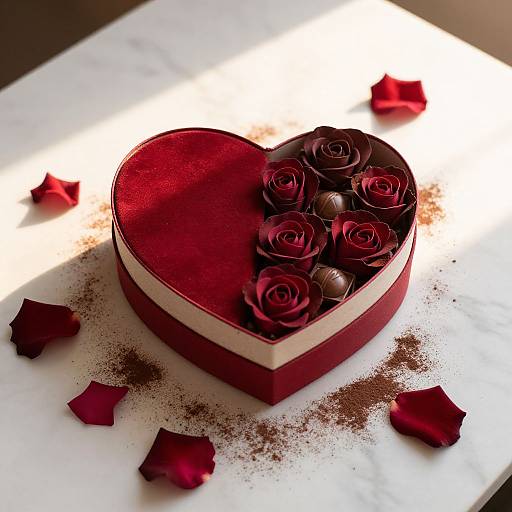 Photograph of a red heart-shaped box containing dark red roses and chocolate truffles, with scattered rose petals and cocoa powder on a white marble surface.