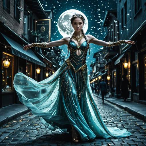 Fantasy Woman in Flowing Iridescent Gown on Cobblestone Street