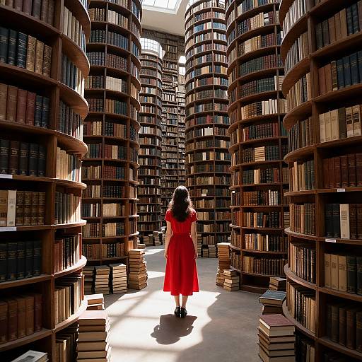Photograph of a woman in a vivid red dress standing in a sunlit, towering library with spiral bookshelves, casting long shadows.