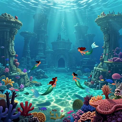 Vibrant underwater scene: colorful fish, coral, and seaweed surround ancient ruins with sunlight streaming from above. Digital art.