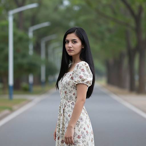 Photograph of an Indian woman with long black hair, wearing a white floral dress, standing on a tree-lined street. Blurred background with street lamps