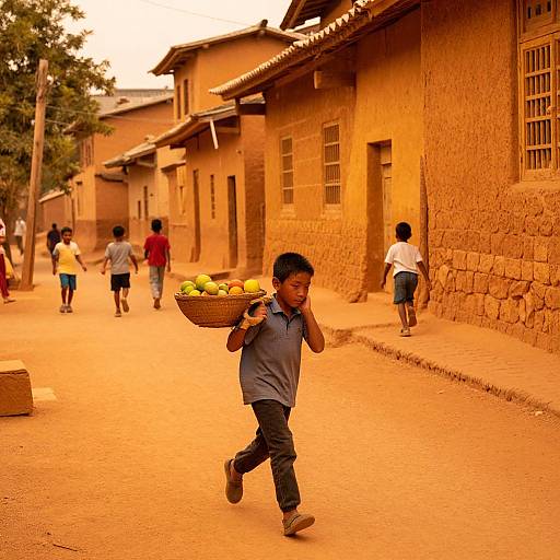 Photograph of a young boy in a blue shirt and dark pants, carrying a basket of green apples, walking down a sunlit, orange-tint