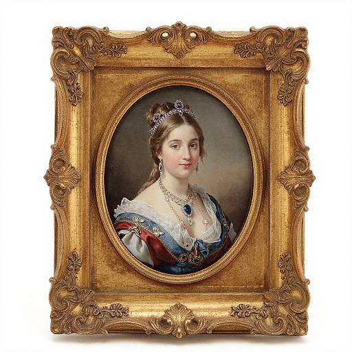 Photograph of a painted portrait of a regal woman in an ornate, gold-framed oval picture, wearing a tiara, necklace, and