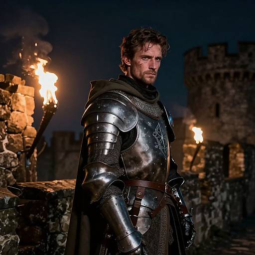 Photograph of a rugged, bearded man in medieval silver armor with a dark cape, standing amidst a dimly lit stone castle at night, illuminated