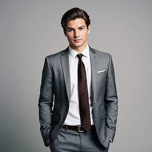 Young Man in Grey Suit and Brown Tie