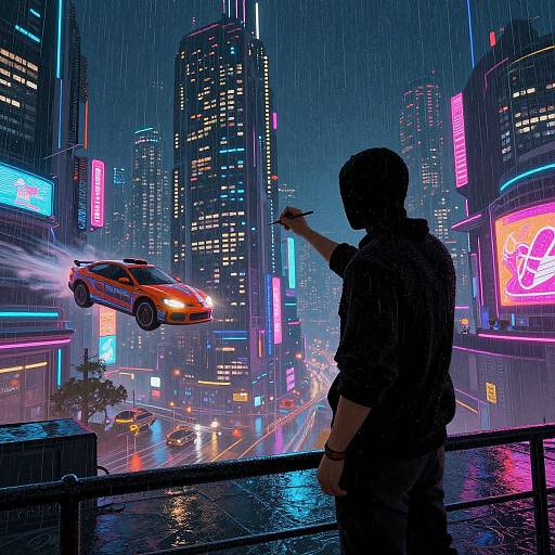 Silhouetted man with knife pointing at neon-lit, rainy cybercity, orange police car flying by, vibrant skyscrapers, digital bill