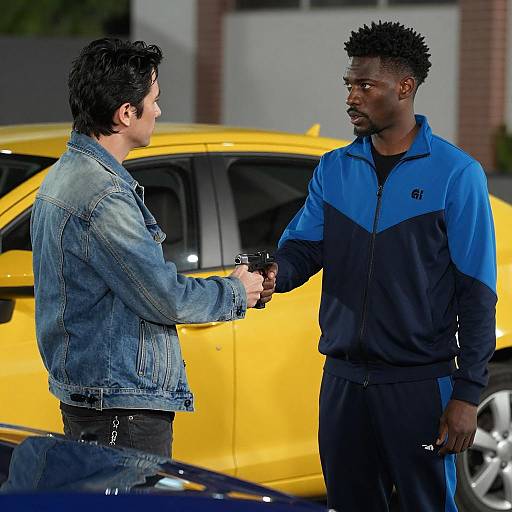 Two men exchanging gun in urban night