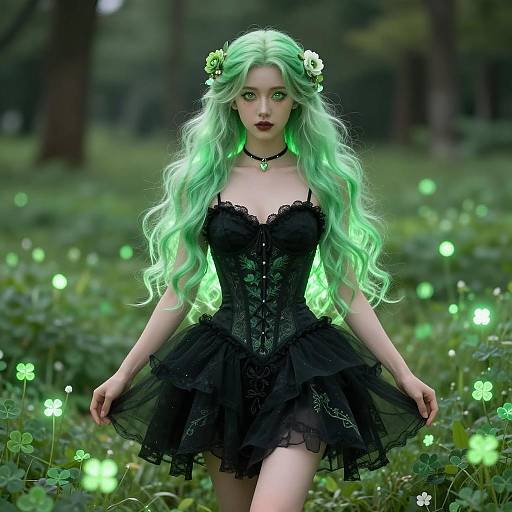 Fantasy Woman with Glowing Green Hair in Lush Field