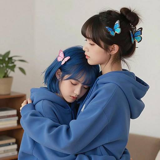 Two Women Embracing with Butterfly Hair Clips