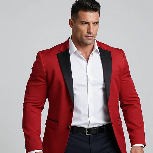 Photograph of a muscular, attractive man with short black hair, wearing a vibrant red suit with black lapels, white shirt, and black pants,