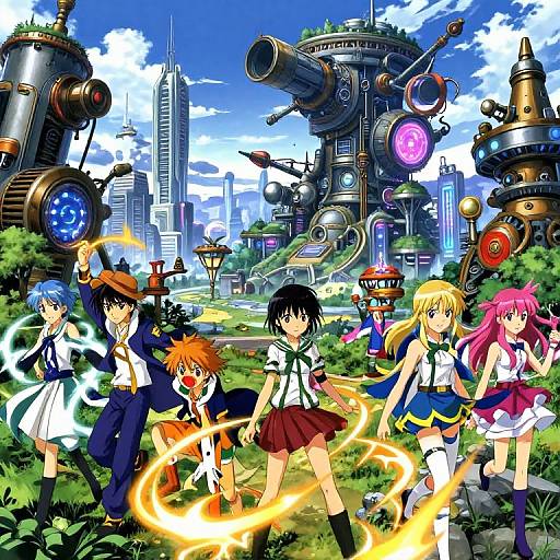 Anime-style digital illustration of six characters with magical abilities in a futuristic cityscape with giant mechanical structures and skyscrapers. Bright colors, dynamic poses,