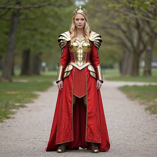 Photograph of a blonde woman in medieval-style red and gold regalia, including a crown, armor, and long robe, standing on a tree-lined