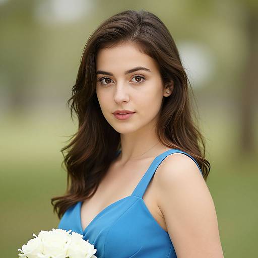 Photograph of a young woman with long dark brown hair, fair skin, wearing a blue sleeveless top, standing in a blurred green park background.