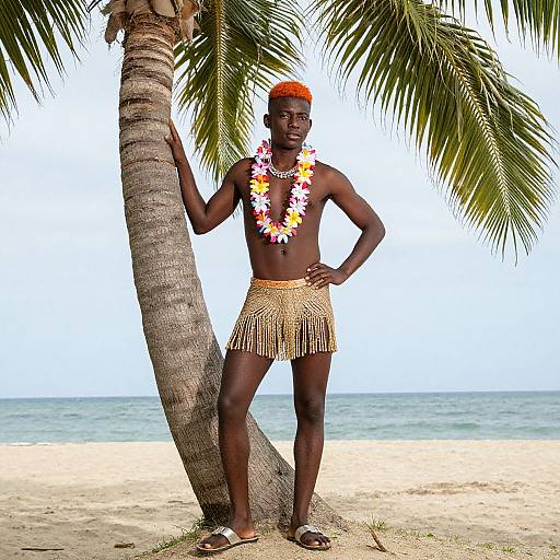 Photograph of a muscular, dark-skinned man with orange hair, wearing a colorful flower lei and grass skirt, standing under a palm tree on a