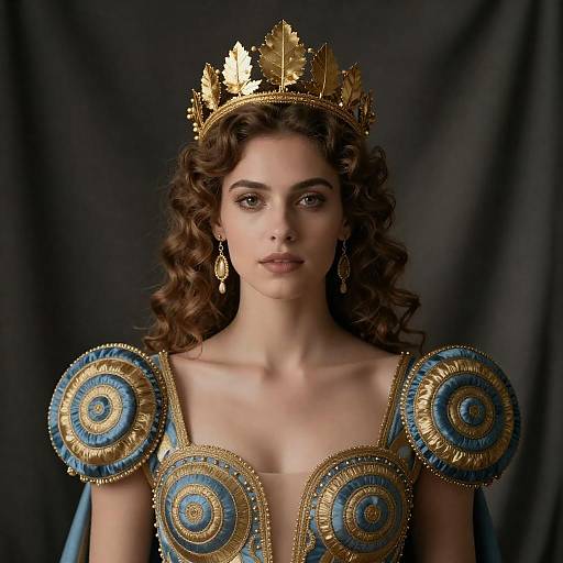 Woman in Ornate Blue and Gold Dress with Golden Crown