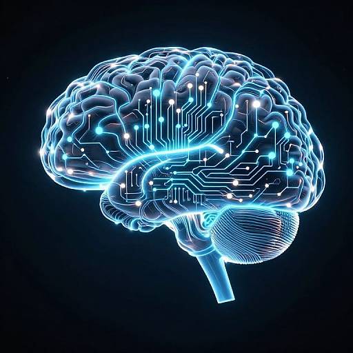 Digital CGI of a glowing, neon-blue, wireframe brain with intricate circuitry and lights against a dark background.