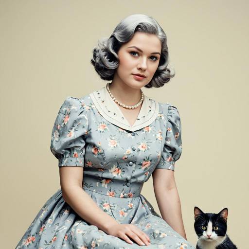 Vintage Style Woman with Black and White Cat