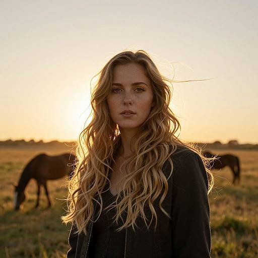 Photograph of a blonde, wavy-haired woman with fair skin, wearing a black top, standing in a sunlit field at sunset, with a