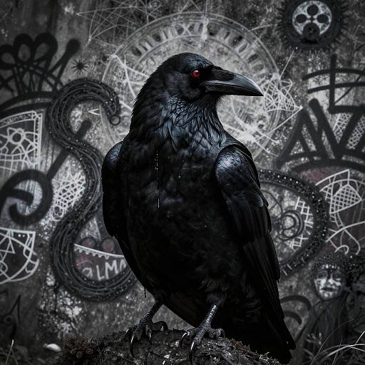 Gothic Raven with Red Eyes and Graffiti Background