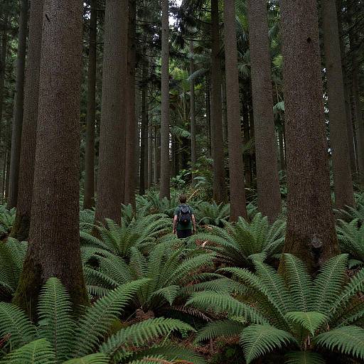 Person Walking Through Dense Forest with Ferns