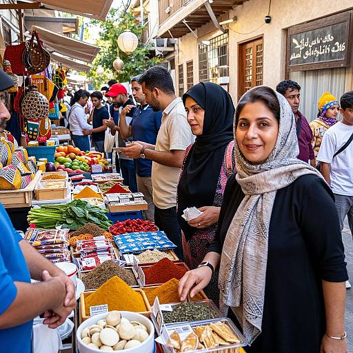 Colorful photograph of a bustling outdoor market with diverse shoppers, including two smiling women in hijabs, browsing vibrant food stalls.