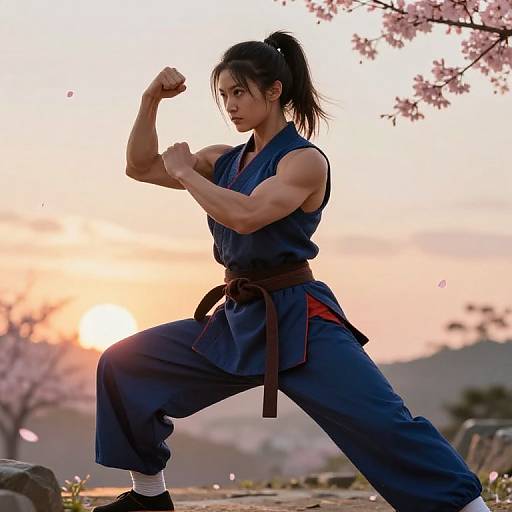 Photograph of a muscular Asian woman in a blue karate gi, striking a powerful fighting pose at sunset, cherry blossoms in background.