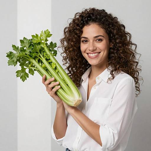 Smiling Woman Holding Fresh Celery