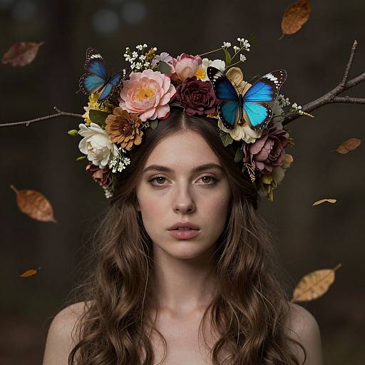 Photograph of a young woman with long brown hair, wearing a floral crown with blue butterflies, surrounded by floating autumn leaves.