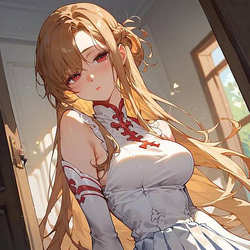 Digital anime-style drawing of a blushing, long-haired blonde woman with red eyes, wearing a white, sleeveless, high-neck dress with red accents