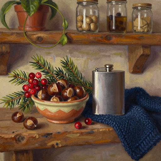 Rustic Mountain Lodge Still Life with Chestnuts and Whiskey Flask