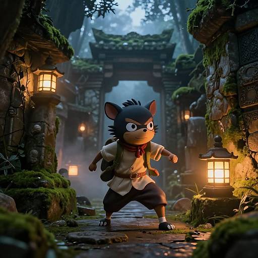 CGI anime-style image of a determined anthropomorphic blue mouse ninja in traditional attire, standing in a misty, moss-covered ancient Japanese alleyway with