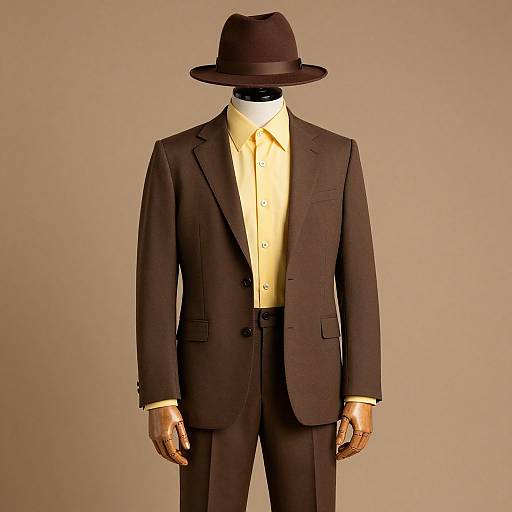 Photograph of a mannequin in a black suit, yellow dress shirt, and brown fedora, with wooden hands, against a beige background.