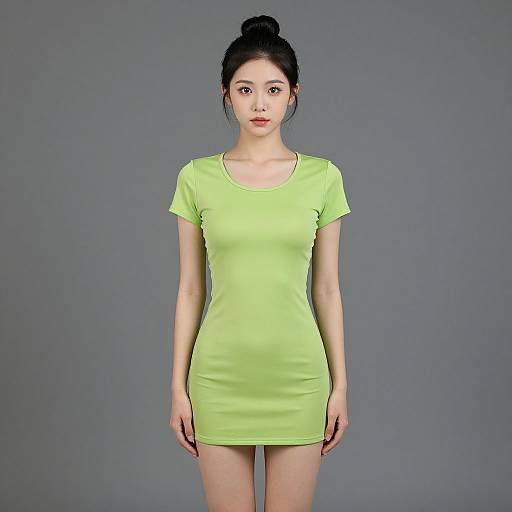 Photograph of an Asian woman with fair skin, black hair in a bun, wearing a tight, neon green short-sleeve mini dress, standing