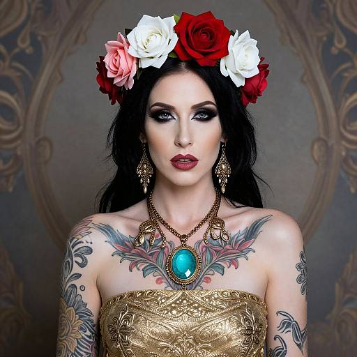 Tattooed Woman with Floral Crown