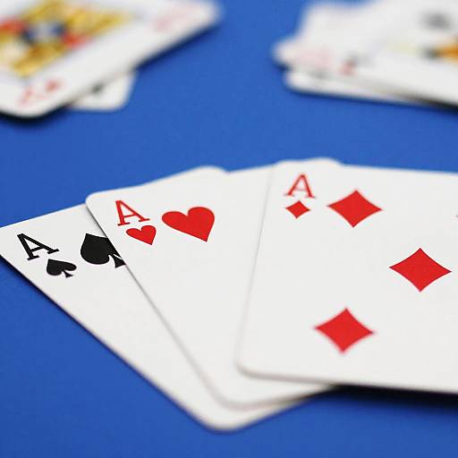 Photograph of four playing cards, including an Ace of Hearts and Ace of Diamonds, fanned out on a blue table. Blurred colorful cards in